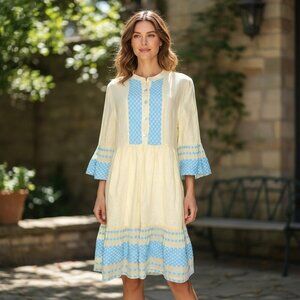 Haris Cotton Linen Dress Light Yellow Blue Gingham Peasant Coquette Womens Small